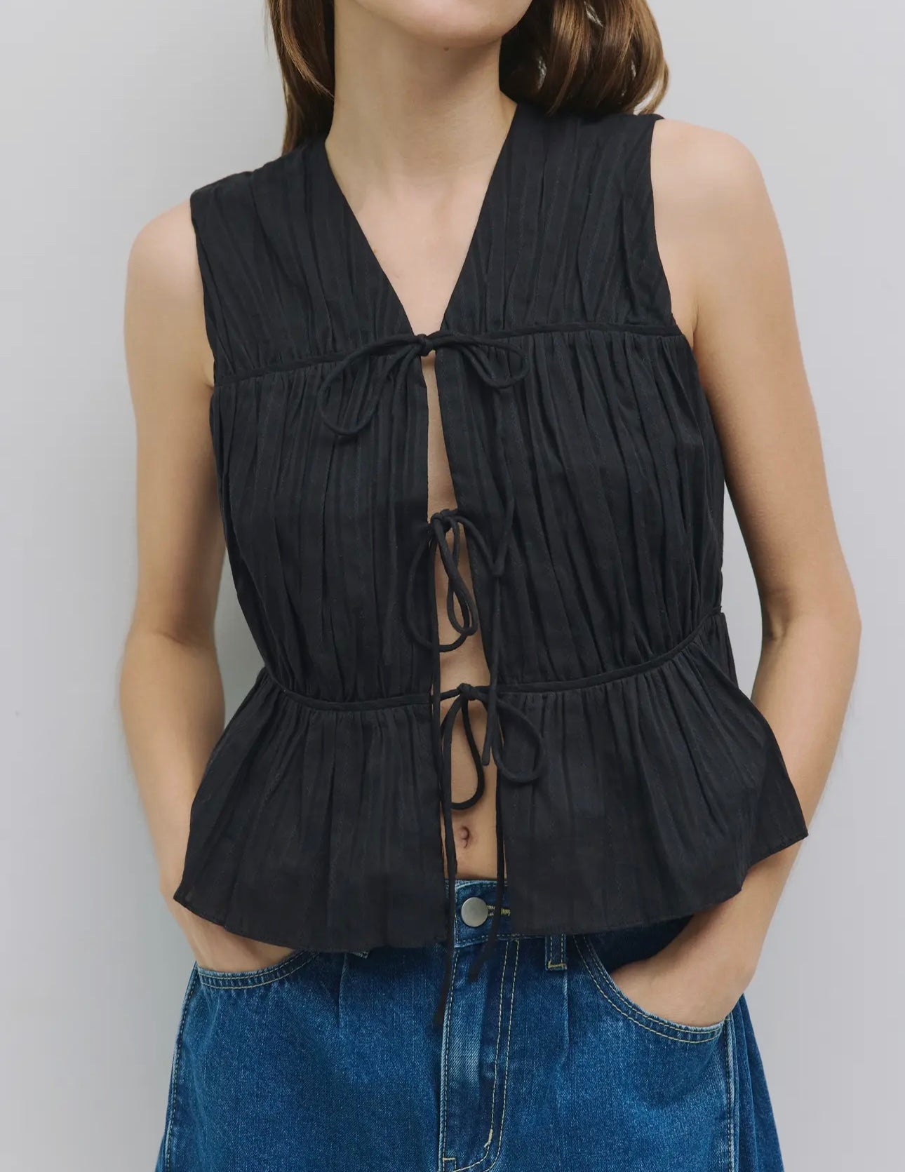 front tie black ruffled top